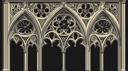 Ornate Gothic arches, detailed carvings, symmetrical design on dark