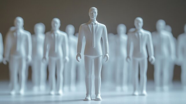 A single white figurine in a suit stands out from a group of similar figures