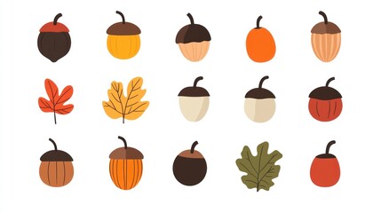Autumn acorns and leaves collection, fall design elements, white background, craft projects
