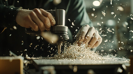 Carpenter Using a Drill Press in Workshop