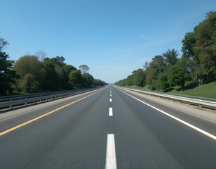 Empty highway under clear blue sky,  deserted highway road with lane markings in sunlight, open highway road with no traffic on sunny day, journey, travel, deserted, roadway, direction