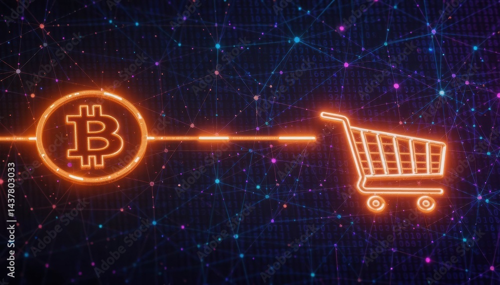 Poster bitcoin symbol connected to a shopping cart in a network.