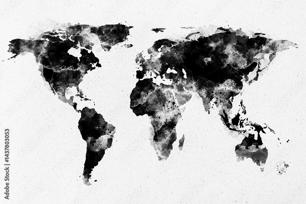 Poster black and white watercolor world map on light textured background as global concept backdrop and min