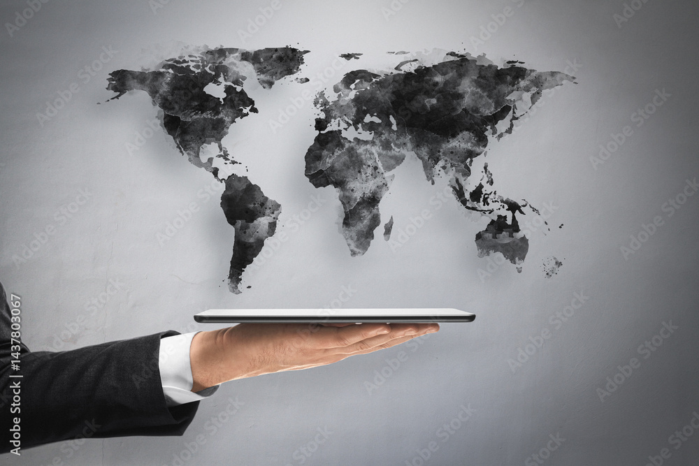 Poster Businessperson holding tablet with abstract dark world map on light background representing global digital connection and online business concept.