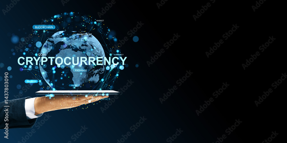 Aufkleber Business hand holding digital tablet with floating cryptocurrency globe network and finance blockchain elements on dark background concept.