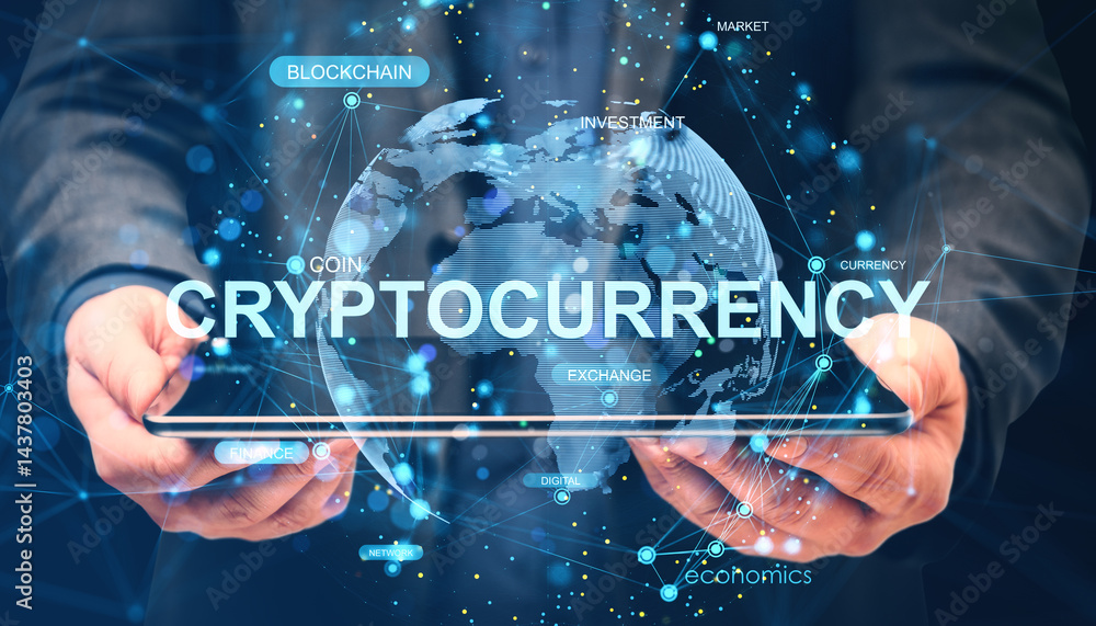 Poster Businessperson holding tablet with digital cryptocurrency interface and global blockchain network concept on abstract cyberspace background.