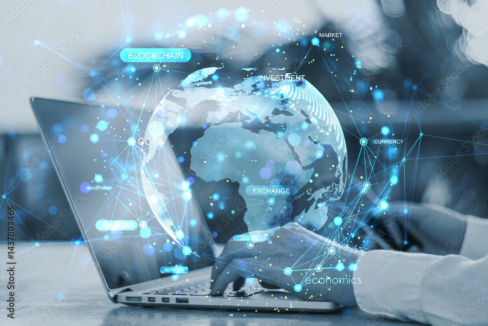 Poster businessperson using laptop with digital world map interface showing blockchain, currency, exchange,