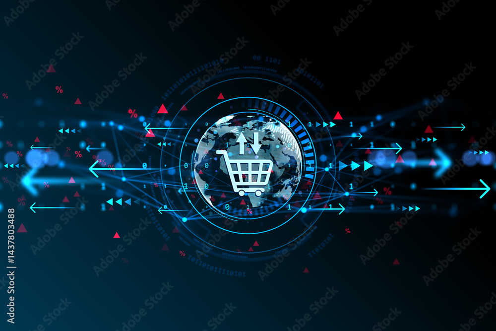 Fototapete Global ecommerce shopping cart icon surrounded by digital arrows and glowing network patterns on a futuristic dark blue background design template. 3D Rendering
