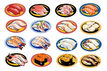 回転寿司リアルイラストセット、皿付き