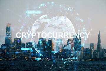 Cryptocurrency and blockchain network hologram overlay on city skyline background with digital finance and virtual money concept design..