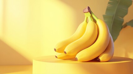 Fresh Bananas on a Bright Yellow Surface with Green Leaf in Background, Ideal for Health and Nutrition Concepts
