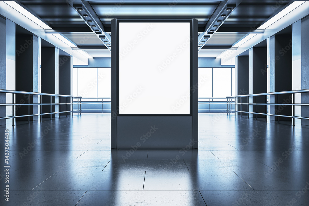 Aufkleber Blank vertical billboard mockup in modern bright corridor with large windows and railings for advertising or presentation layout template design. 3D Rendering
