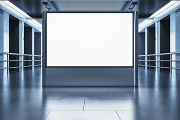 Blank billboard mockup in modern indoor corridor with clean metallic design and reflective floor surface for advertising display concept. 3D Rendering