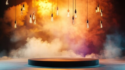 A lone round stage with smoky background and dramatic focused lighting