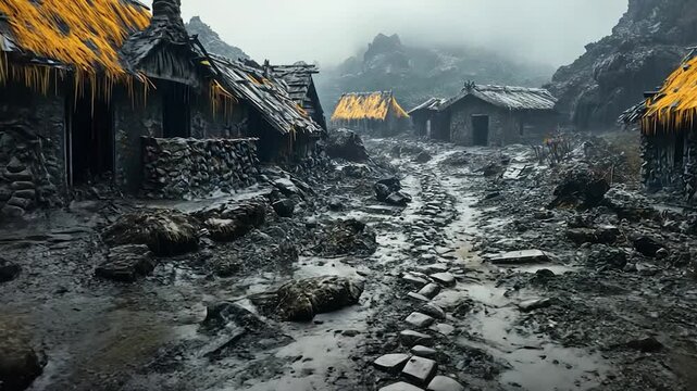 Misty Volcanic Village With Thatched Roofs.