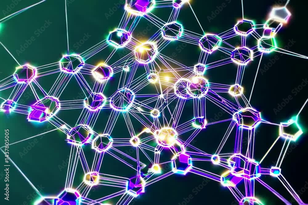 Aufkleber animation of digital data and geometric hexagons on a green backdrop