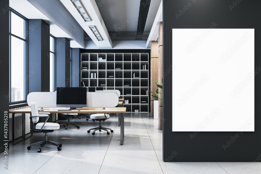 Poster modern open office interior with white vertical canvas mockup on dark wall in sleek workspace enviro