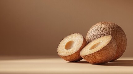 Sliced Brown Tropical Fruit on Beige Background with Soft Lighting and Textured Surface