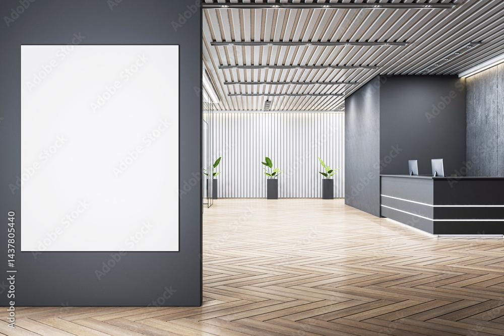 Poster blank vertical frame on dark wall in modern office reception with wooden parquet floor, clean design