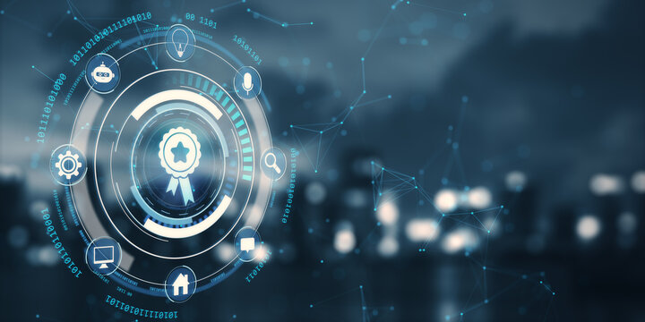 Futuristic award badge digital interface with technology icons and network connections on dark blurred cityscape background. 3D Rendering. 3D Rendering
