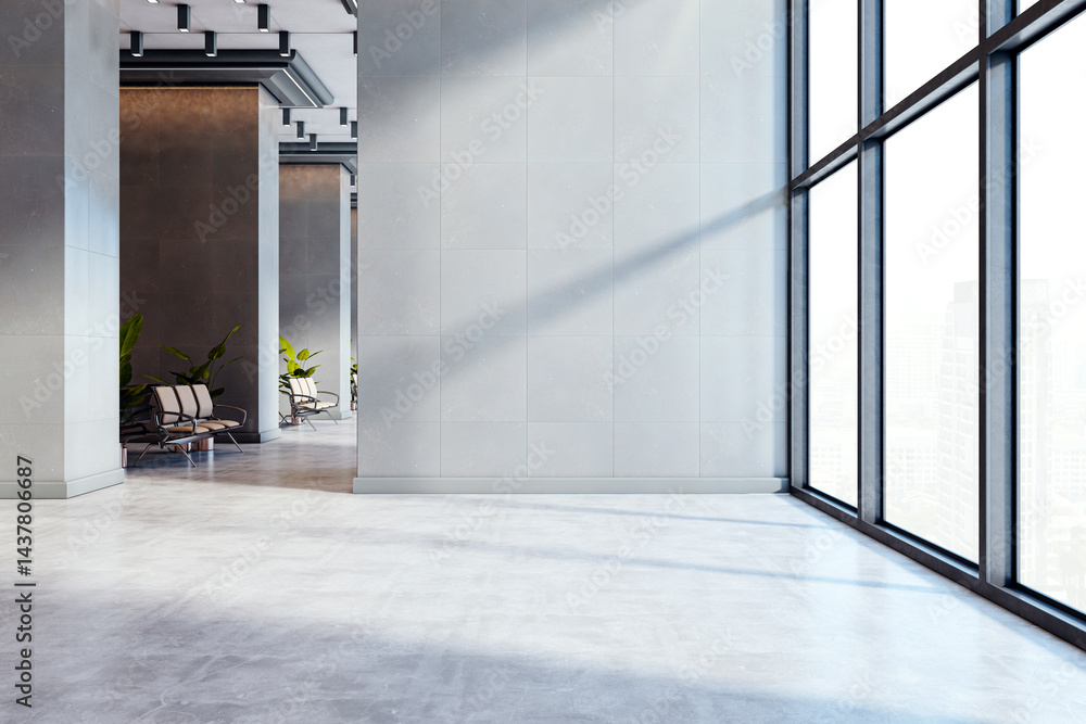 Poster modern office corridor with large windows and blank wall perfect for mockup or presentation layout i