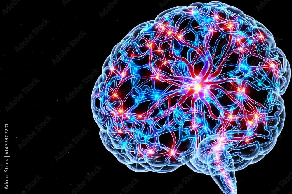 Aufkleber a 3d animation of the nervous system featuring a brain sphere set against a black background represe