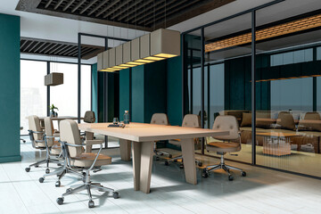 Modern empty office conference room with beige chairs, wooden table, and glass partitions in a...