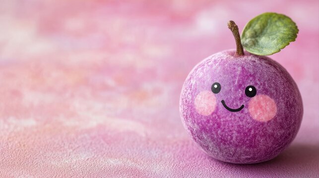 Cute cartoon fruit character with smiley face on pink background, perfect for children's design and playful themes
