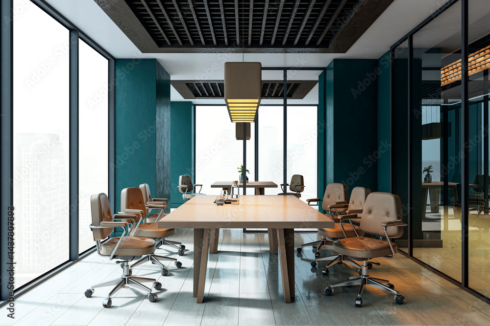 Poster modern empty boardroom interior with glass walls, wooden desk and city view creating professional bu