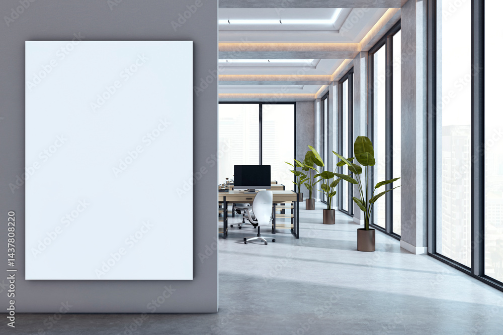 Poster vertical mockup canvas on wall inside spacious modern office interior with empty desk and large wind