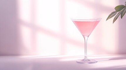 Elegant pink cocktail in martini glass on white surface with window light casting shadows, creating a sophisticated and refreshing atmosphere
