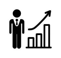black silhouette of a man in a tie standing next to a rising histogram