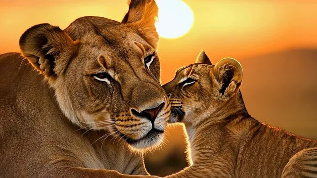 Heartfelt moments of a lioness and her cub basking in the golden glow of the sunset Generative AI