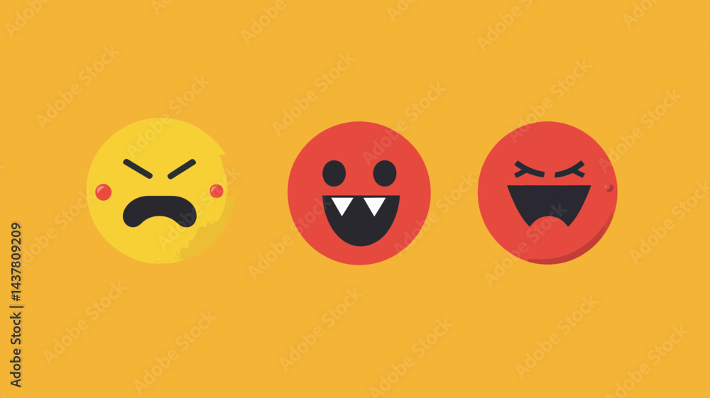 Poster vector illustration of three emoticons displaying different angry facial expressions on yellow backg