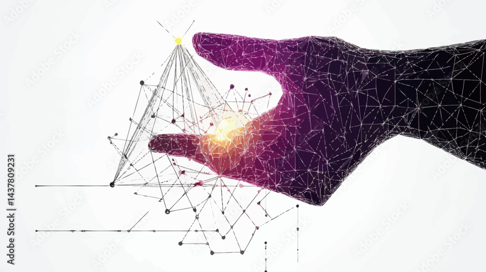 Poster abstract hand drawing polygonal geometry structure, low poly triangular network, minimalist connecti