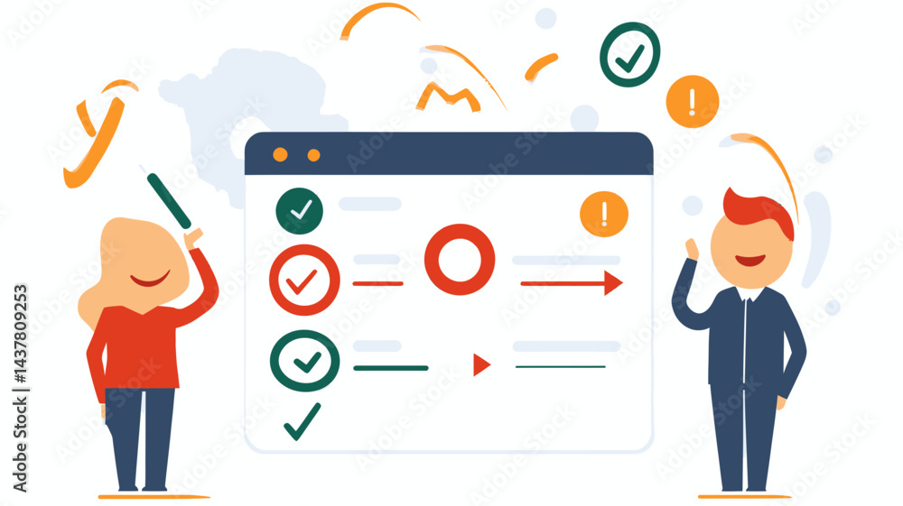 Aufkleber business performance review vector - flat design with happy employees and checklist interface - conc