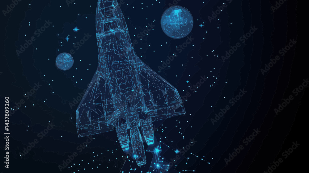 Poster wireframe space shuttle with starry sky and planets vector illustration representing space explorati