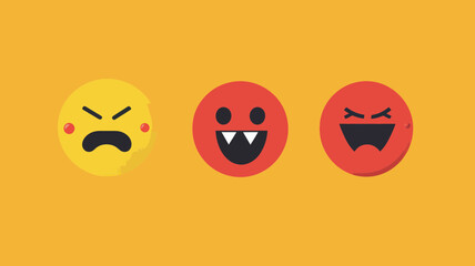 Vector Illustration of Three Emoticons Displaying Different Angry Facial Expressions on Yellow Background