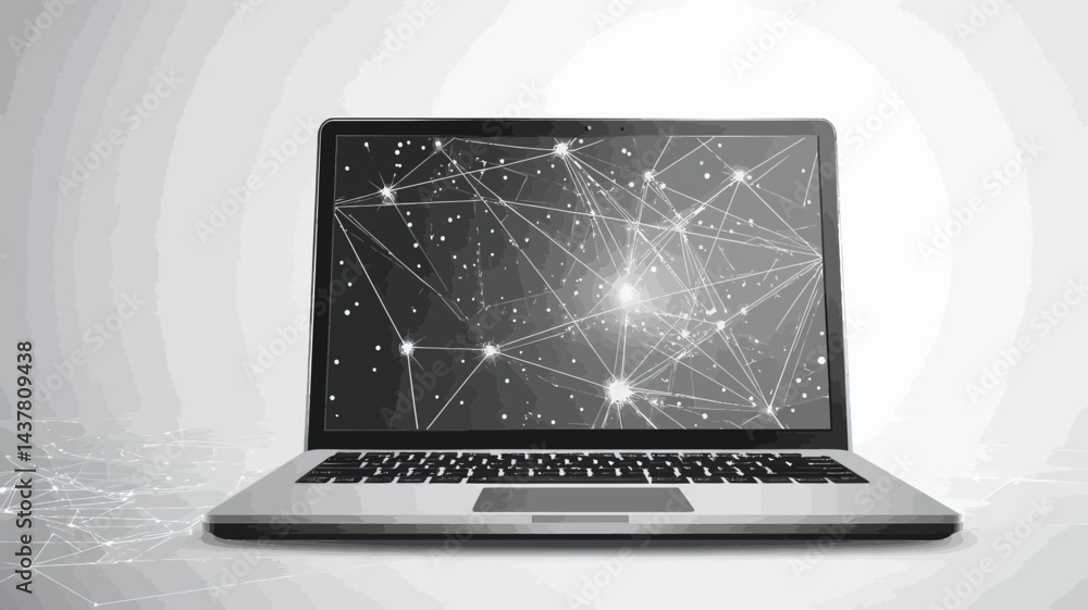 Poster grey laptop with low poly abstract network on screen, connection structure, minimalist vector scienc