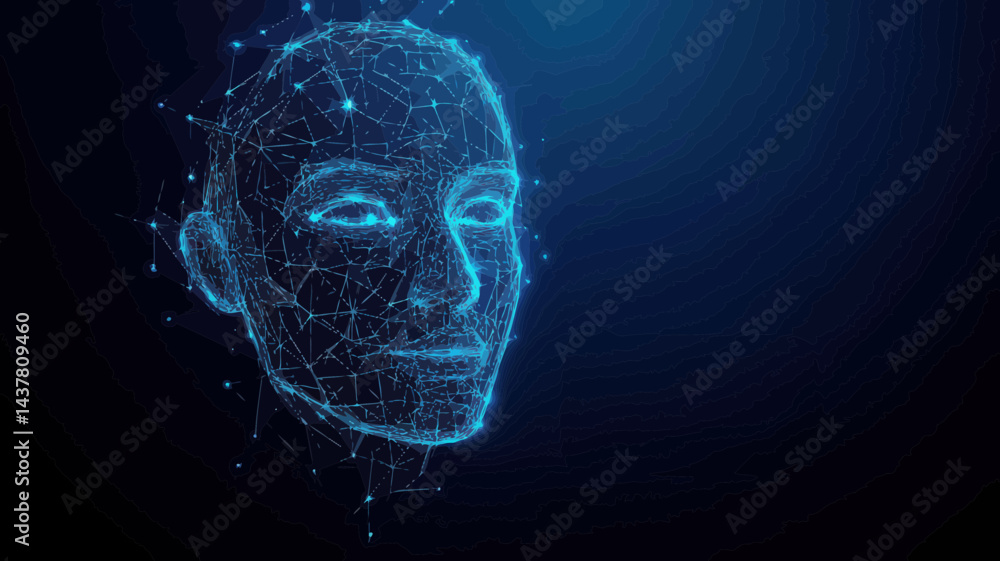 Poster low poly wireframe face recognition banner vector, futuristic facial scan polygonal 3d mesh art for 