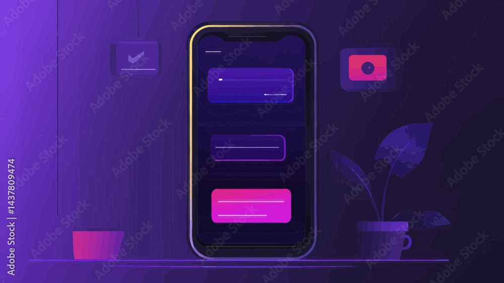 Poster modern vector illustration of mobile messaging app interface with gradient background, colorful chat