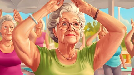 Active Senior Characters Pack older woman doing yoga poses on mat with peaceful background Health and fitness campaigns for aging populations Flat vector characters for senior lifestyle branding