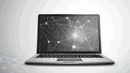 Grey Laptop with Low Poly Abstract Network on Screen, Connection Structure, Minimalist Vector Science and Technology Background Illustration