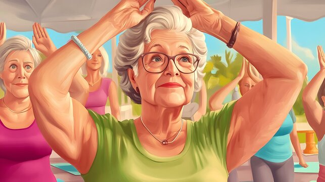 Active Senior Characters Pack older woman doing yoga poses on mat with peaceful background Health and fitness campaigns for aging populations Flat vector characters for senior lifestyle branding