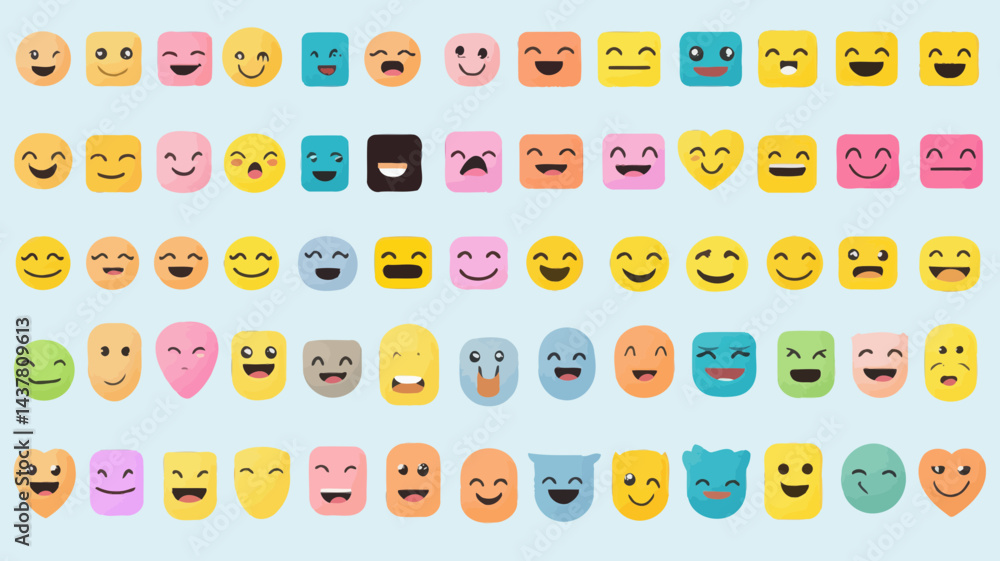 Poster editable vector emoticons set - diverse facial expressions and emotions collection in various shapes
