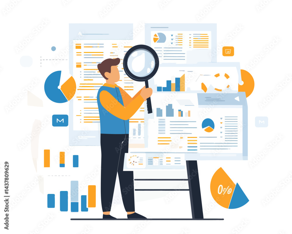 Poster business data analysis and marketing optimization with magnifying glass in flat minimalist style vec