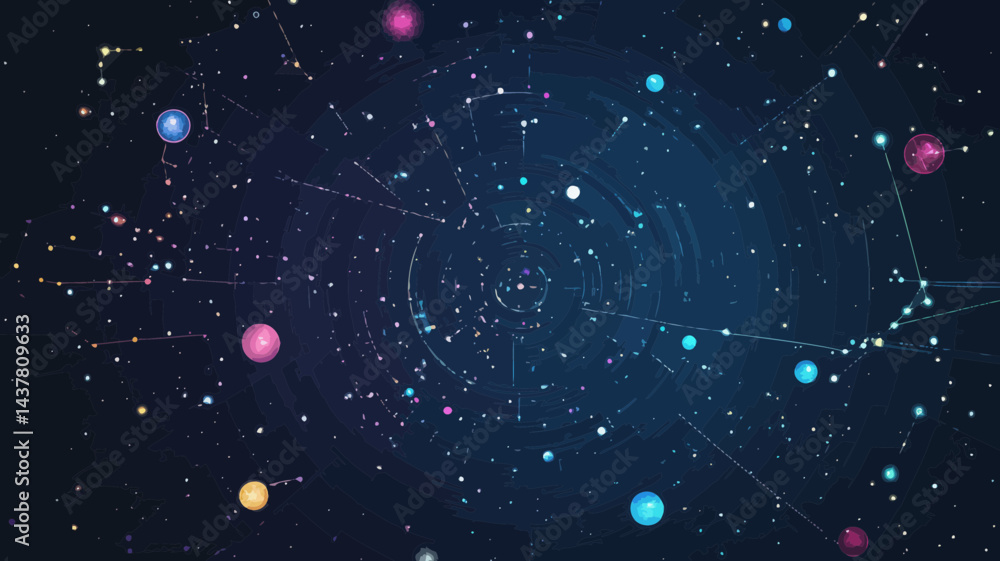 Poster abstract vector illustration of starry sky target with planets and stars in flat minimalist style fo
