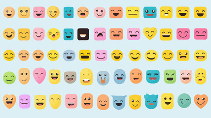 Fototapeta premium Editable Vector Emoticons Set - Diverse Facial Expressions and Emotions Collection in Various Shapes and Colors