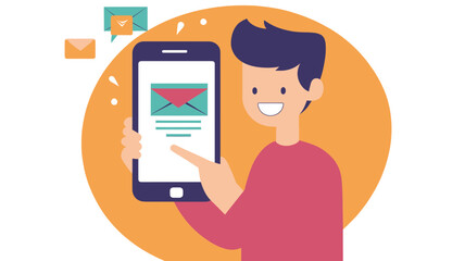 Vector Character with Smartphone Displaying Email Notification, Email Marketing Illustration, Flat Design for Digital Communication and Social Media Concepts