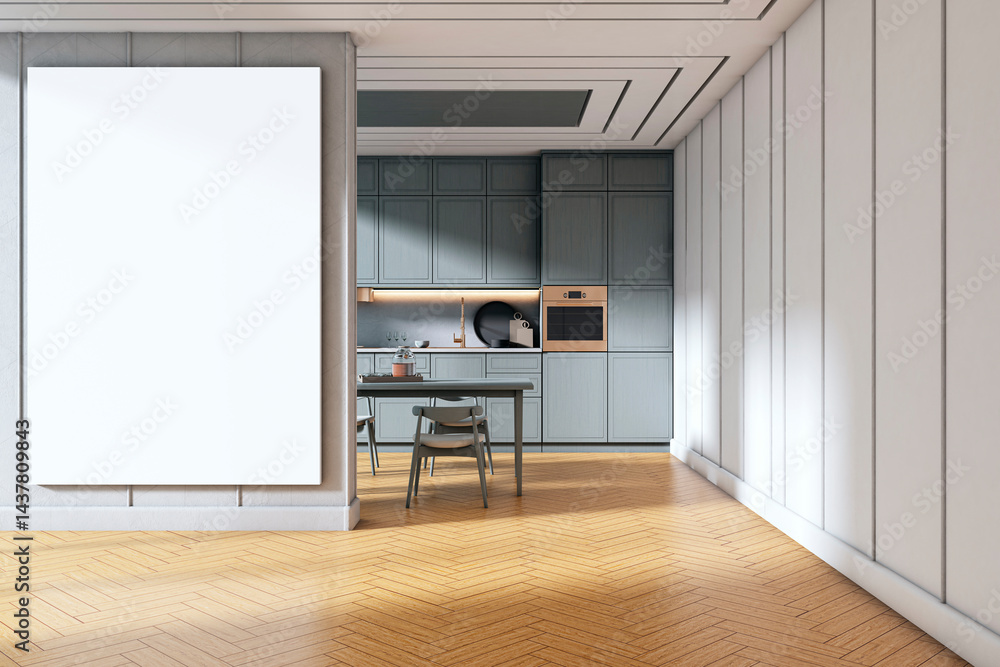 Poster Modern kitchen interior with wooden parquet floor and vertical canvas frame on wall in bright empty room with sunlight and shadows conceptually displayed. 3D Rendering